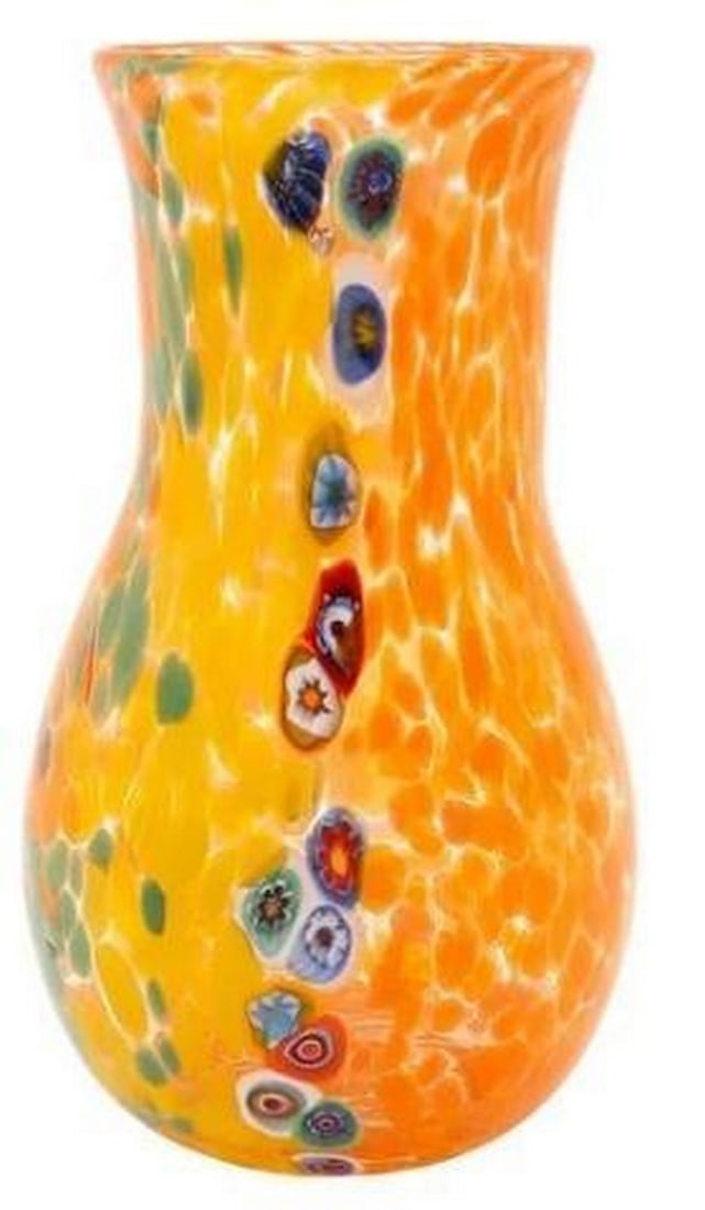 Sunset Glow Murano Glass Vase: Sunset Glow Murano Glass Vase. Radiating warmth and creativity, this Murano glass vase features a rich orange base accented with playful bursts of color and unique design details. Handcrafted by skil