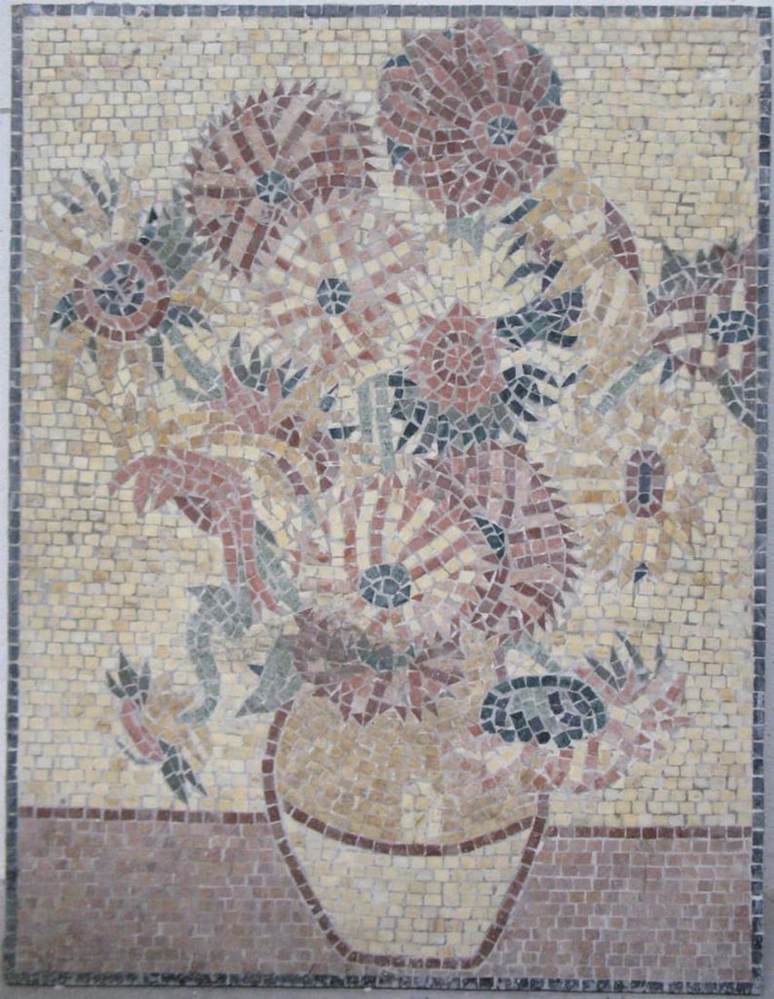 The Sunflowers Contemporary Mosaic: The Sunflowers Contemporary Mosaic This masterpiece is an entirely handmade mosaic reproduction created using the techniques of ancient romans called "Opus tessellatum", cubic stones tiles mo