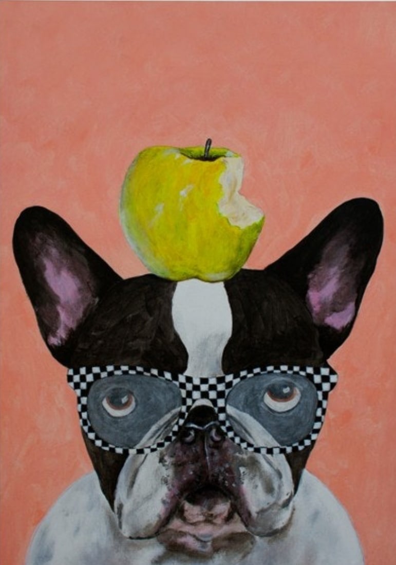 French Bulldog With Checkered Glasses Canvas Reproduction: French Bulldog With Checkered Glasses Canvas Reproduction This canvas displays an adorable French bulldog wearing black and white checkered glasses against an orange background with an apple on top h