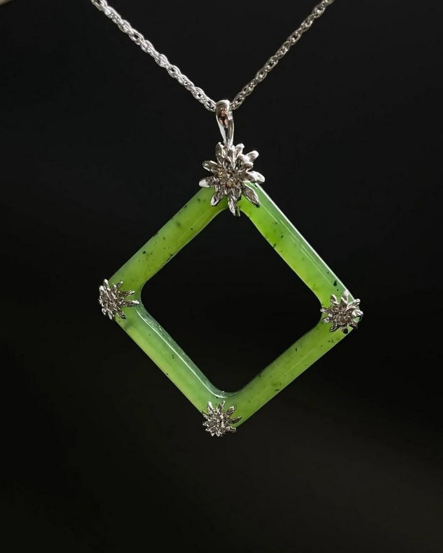 Canadian Nephrite Jade Square Pendant Embellished With Sterling Silver Flowers: Canadian Nephrite Jade Square Pendant Embellished With Sterling Silver Flowers Canadian Nephrite Jade Square Pendant, set with sterling silver. View Photos For Further Details.