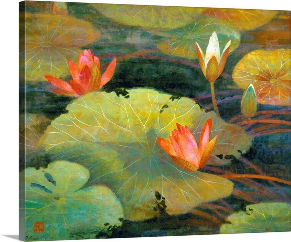 Autumn Joy Canvas Reproduction: Autumn Joy Canvas Reproduction This is a horizontal, contemporary painting full of detail of lily pads and lotus blossoms floating in a murky pond. Dimensions: 20 x 16 inches View photos for furthe