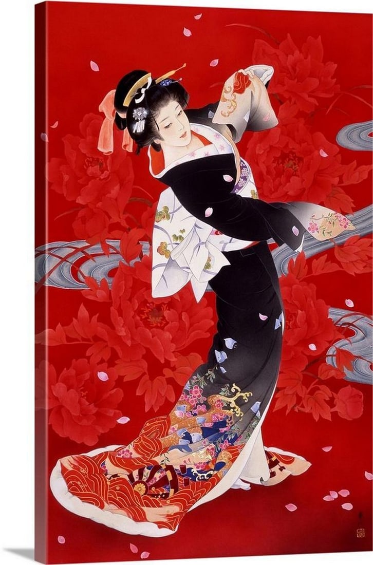 Hien Canvas Reproduction: Hien Canvas Reproduction By Haruyo Morita Contemporary colorful Asian art of a Geisha in beautiful ornate clothing. Width: 12 inches Height: 18 inches View photos for further details.