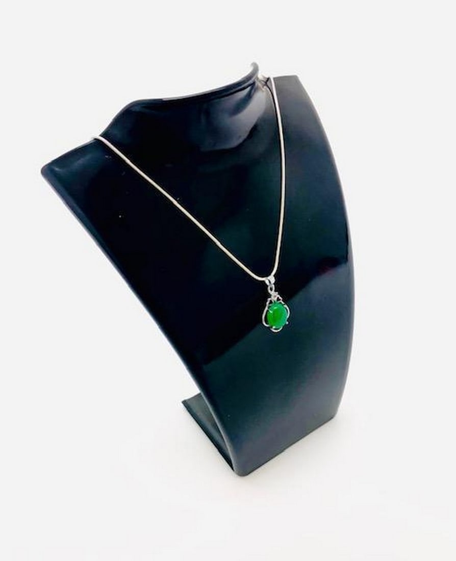 Chinese Green Jade Polished Pendant With 925 Sterling Silver Necklace: Chinese Green Jade Polished Pendant With 925 Sterling Silver Necklace. View Photos For Further Inspection.