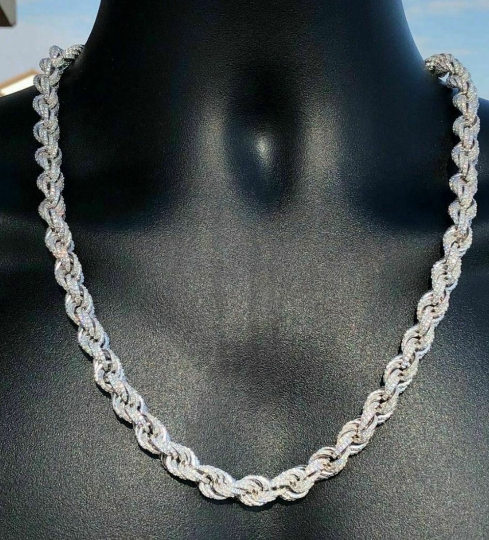 Custom 22" 9mm Solid 925 Sterling Silver Rope Chain: Custom 22" 9mm Solid 925 Sterling Silver Rope Chain. 9mm wide, 22" long, Approx 120g 40-60ct Man Made Diamonds View Photos for Further Details.