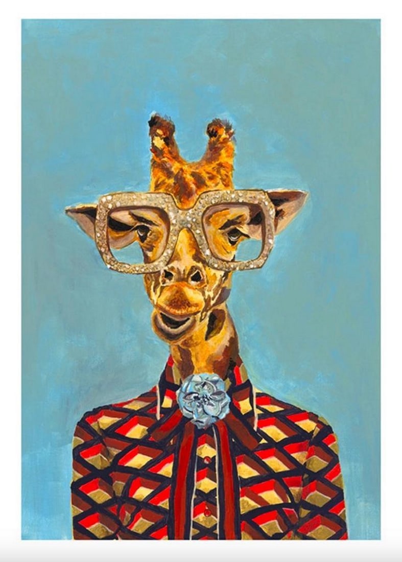 Artsy Giraffe Dressed Up Poster: Artsy Giraffe Dressed Up Poster Poster of a giraffe in big, gold glasses and a patterned blouse with a blue background. This poster has a white margin around the outside of the image. Artist: Heather