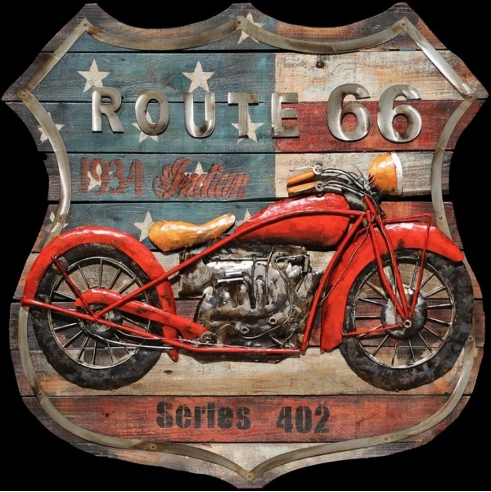 Route 66 American Flag 3D Painting on a Wood Canvas: Route 66 American Flag 3D Painting on a Wood Canvas. 3D UNIQUE METAL ART - Each piece involves complex craftsmanship; cutting, modeling, welding, aging treatment, anti rust treatment, coloring and ma