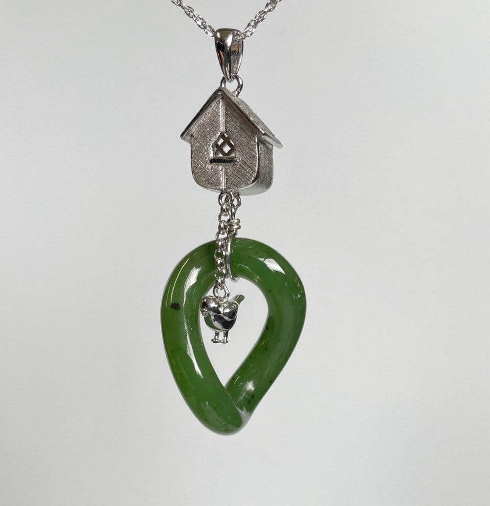 Birdhouse With Bird Dangle Nephrite Jade Necklace Pendant (1 of 2)