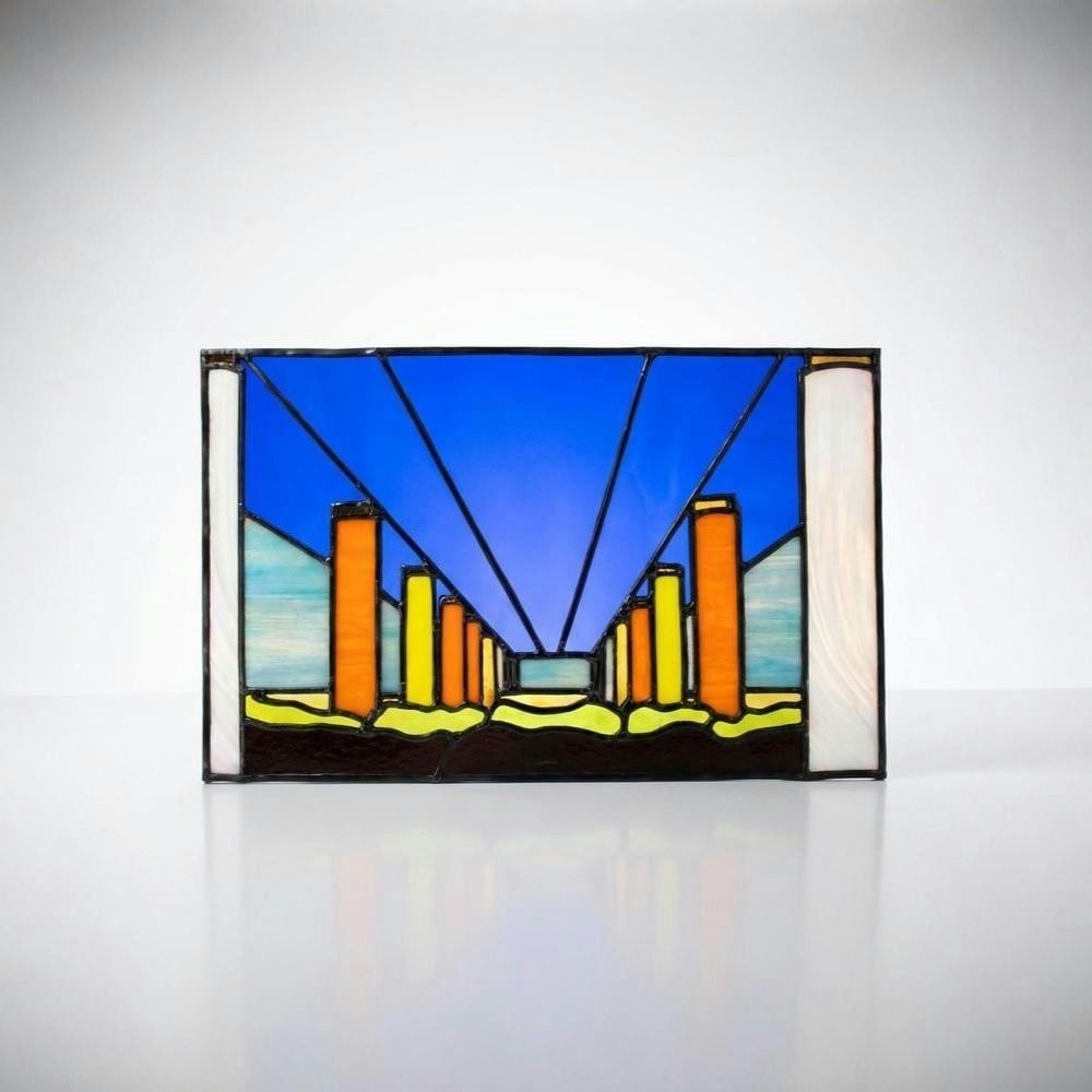 “Fly Over?? Neon Stained Glass Wall Art by Laura Kriefman: “Fly Over” Neon Stained Glass Wall Art by Laura Kriefman This neon stained glass artwork combines glass and neon elements to create a composition focused on light, color, and form. The clean s