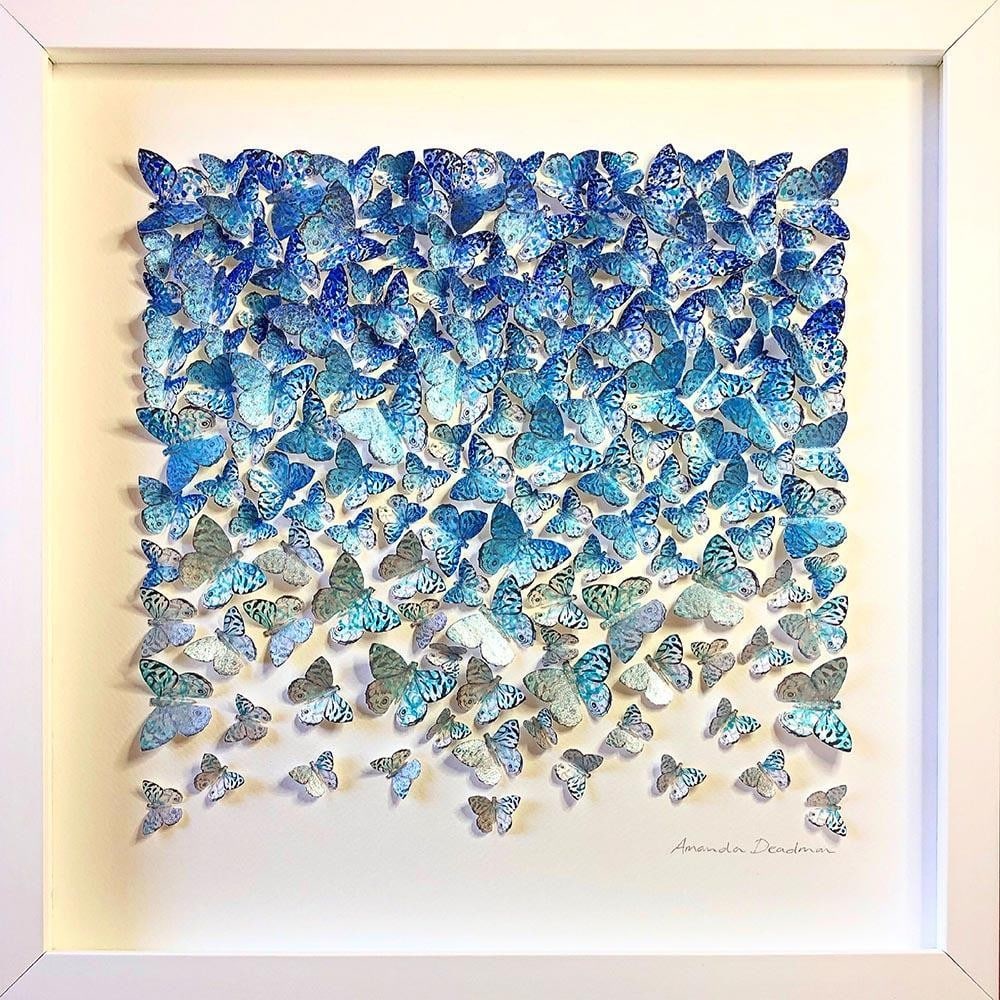 ‘Find Your Wings & Fly Away – Into The Blue’ 3D Paper Art by Amanda Deadman Art: ‘Find Your Wings & Fly Away – Into The Blue’ 3D Paper Art by Amanda Deadman Art This sculptural paper artwork features a graceful arrangement of hand-painted butterflies, gently shifting fro