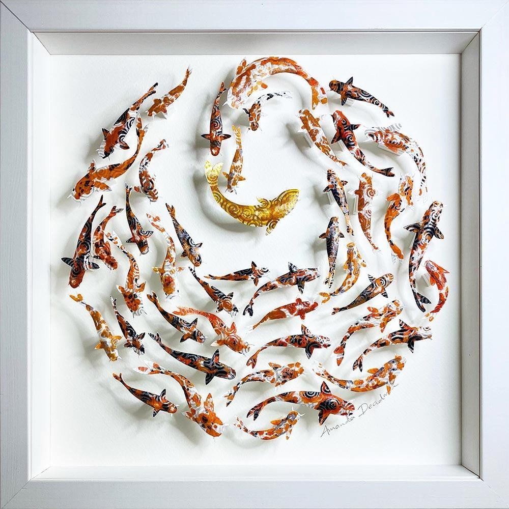 ‘Circle of Koi’ Framed Paper Art by Amanda Deadman Art: ‘Circle of Koi’ Framed Paper Art by Amanda Deadman Art Inspired by the graceful movement of koi swimming in unison, this framed piece features individually hand-painted fish arranged in a gentle c