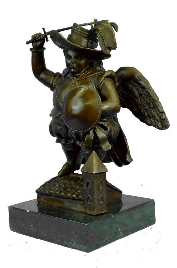 Botero Inspired Large Archangel With Hat Bronze Sculpture On Marble Base - 16" x 12": Botero Inspired Large Archangel With Hat Bronze Sculpture - 16" x 12" This fancy sculpture with the title "Archangel with large hat" is made of 100% bronze and signed by Botero. The e