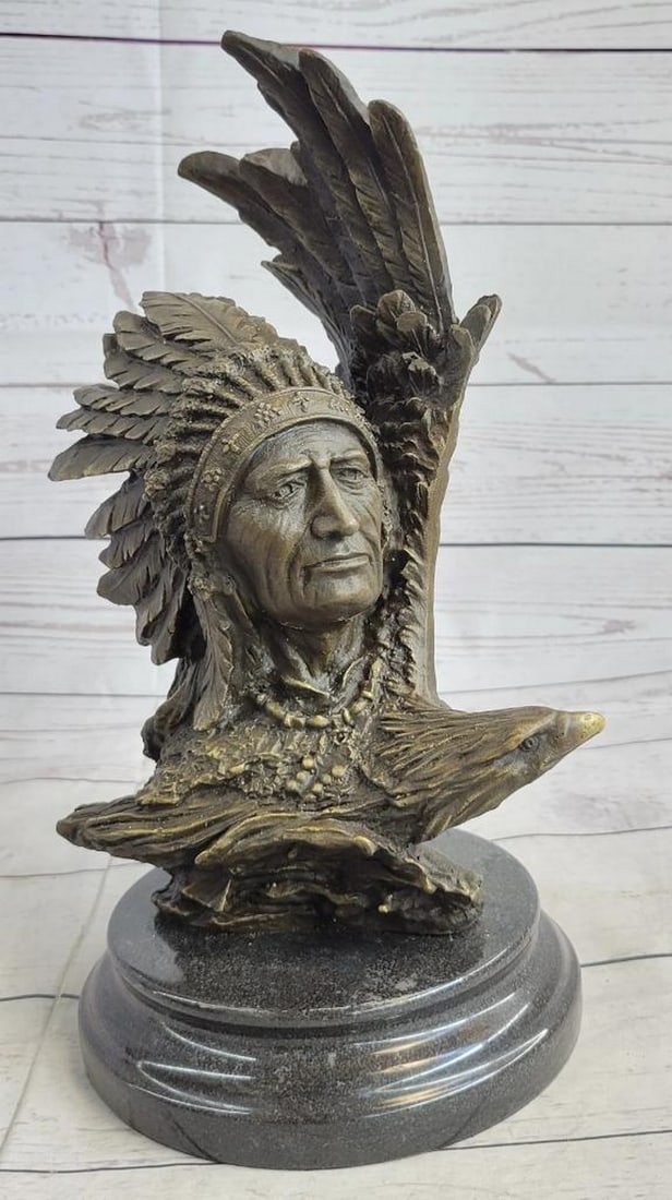 Native American Shaman with Eagle Bronze Sculpture - 13" x 6": Native American Shaman with Eagle Bronze Sculpture - 13" x 6" Experience the spiritual essence with this bronze sculpture of a Native American shaman, standing in reverence with an eagle by hi