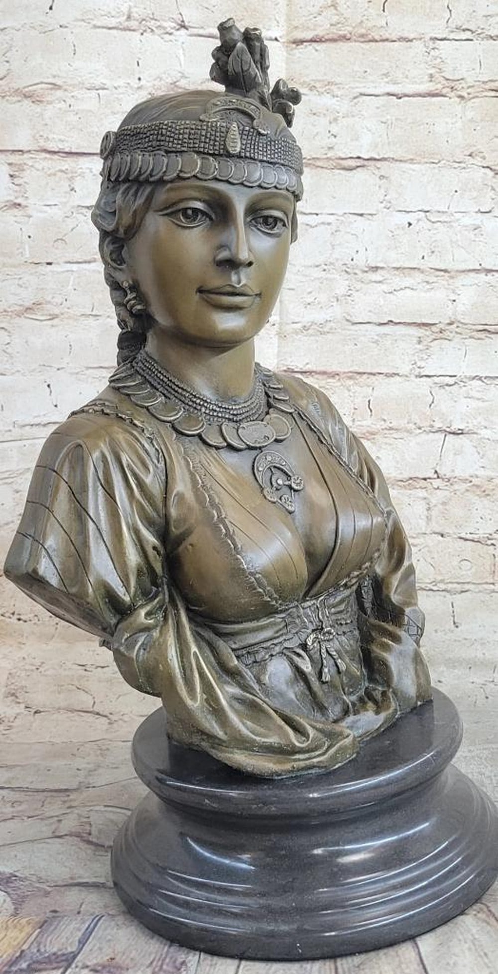 Large Native American Girl Bronze Bust Sculpture Of Pocahontas Sacajawe - 33lbs: Native American lady with majestic expression wearing earrings of semi precious stones, ornate jewelry and headdress, and long braids hanging down back. Cordier traveled to the far corners of the eart