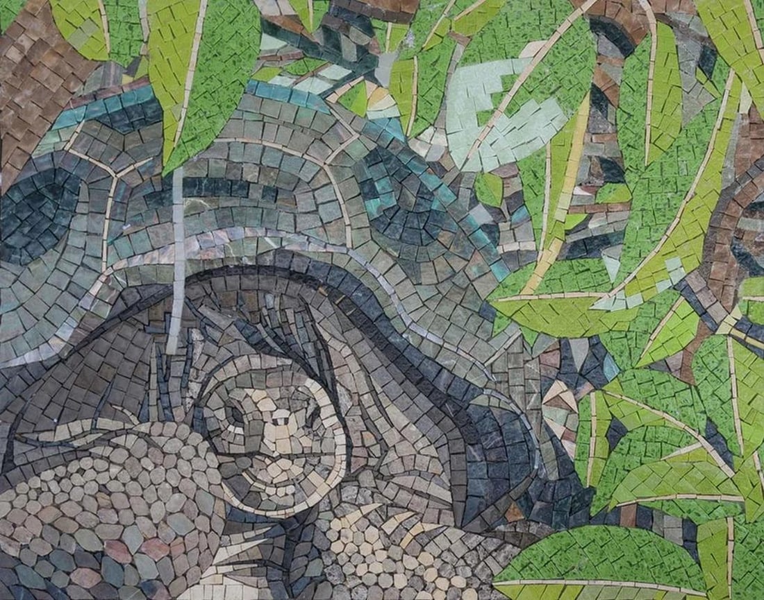 Turtle Adventure Marble Mosaic: Turtle Adventure Marble Mosaic A handcrafted mosaic made from natural marble stones. This design features a detailed turtle motif surrounded by flowing foliage, capturing a serene and tranquil scene i