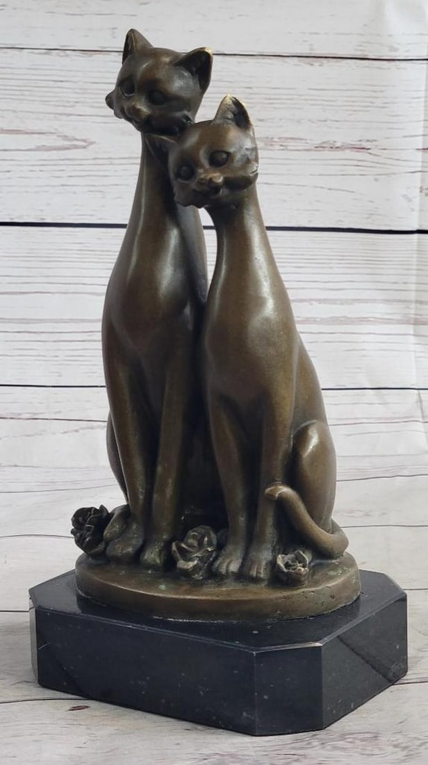 Signed Original Slender Siamese Twin Cats Bronze Sculpture - 9" x 5": Signed Original Slender Siamese Twin Cats Bronze Sculpture - 9" x 5" The pair of slender cats sit next to each other purring and staring out amiably and saucer-eyed. Rose buds litter the grou