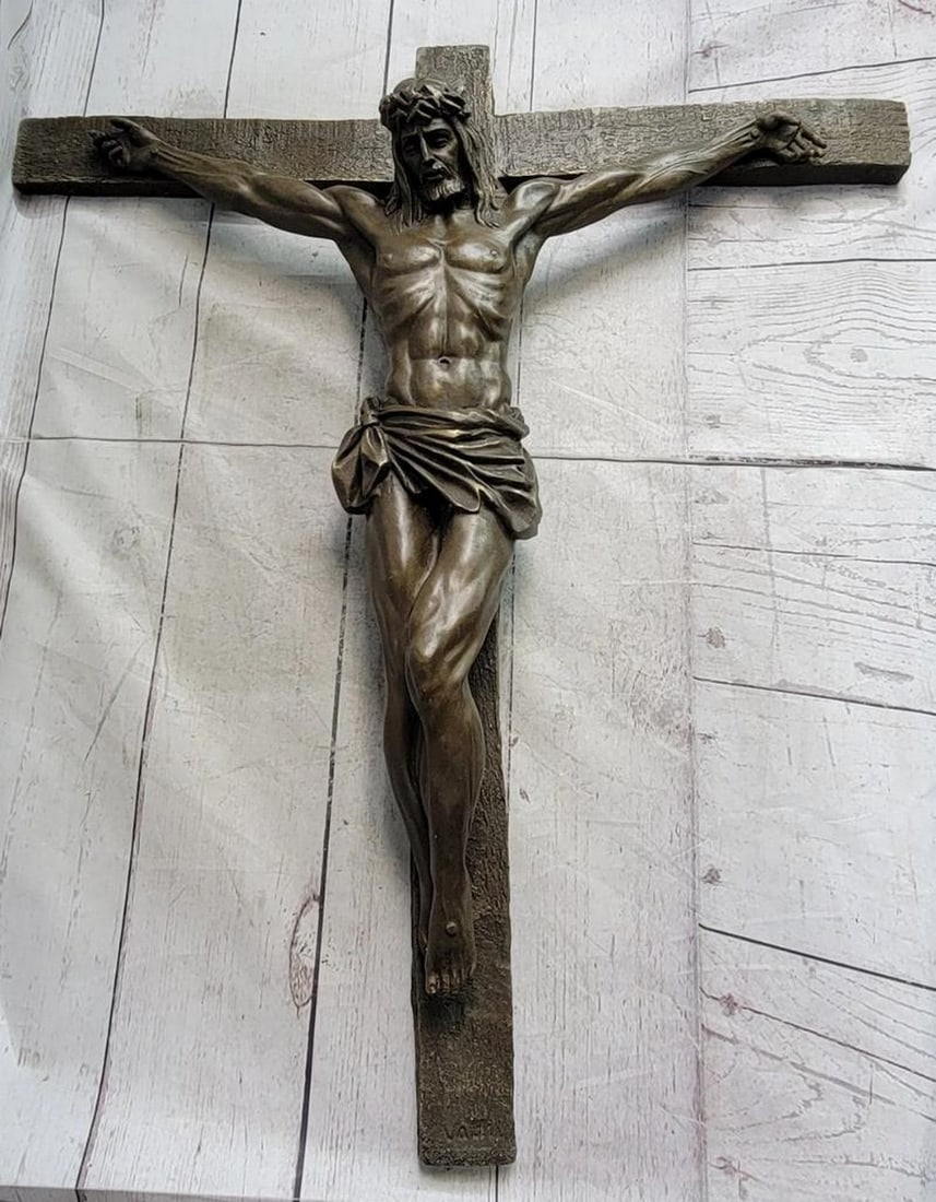 Bronze Sculpture of Christ on the Cross by Valli - 25" x 21": Bronze Sculpture of Christ on the Cross by Valli - 25" x 21" This exquisite bronze sculpture captures the solemn moment of Christ's ultimate sacrifice on the cross, crowned by the INRI sig