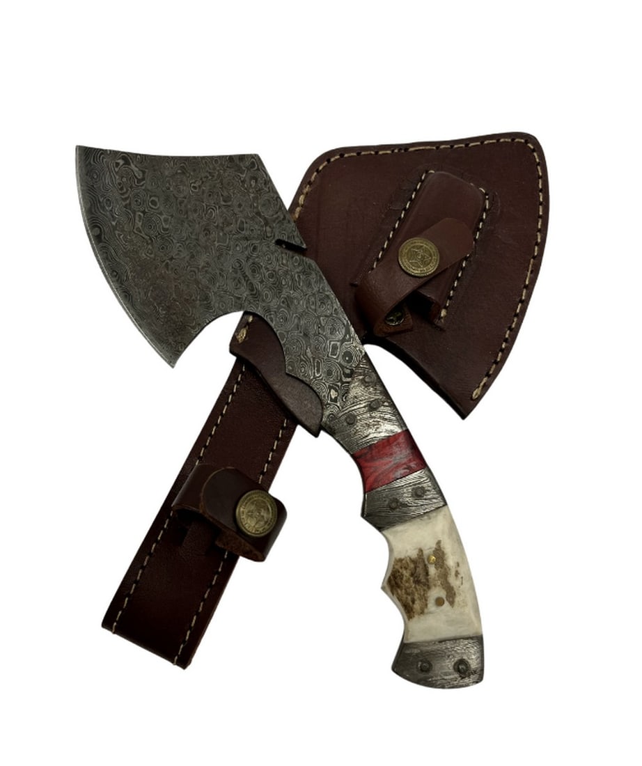 Handmade Damascus Steel Hunting Axe Chopper Knife: Handmade Damascus Steel Hunting Axe Chopper Knife Custom Made Damascus Knife With Genuine Leather Sheath To Keep The Blade Safe & Make Carrying & Storing Easy. Each Sheath Is Made From Genuin