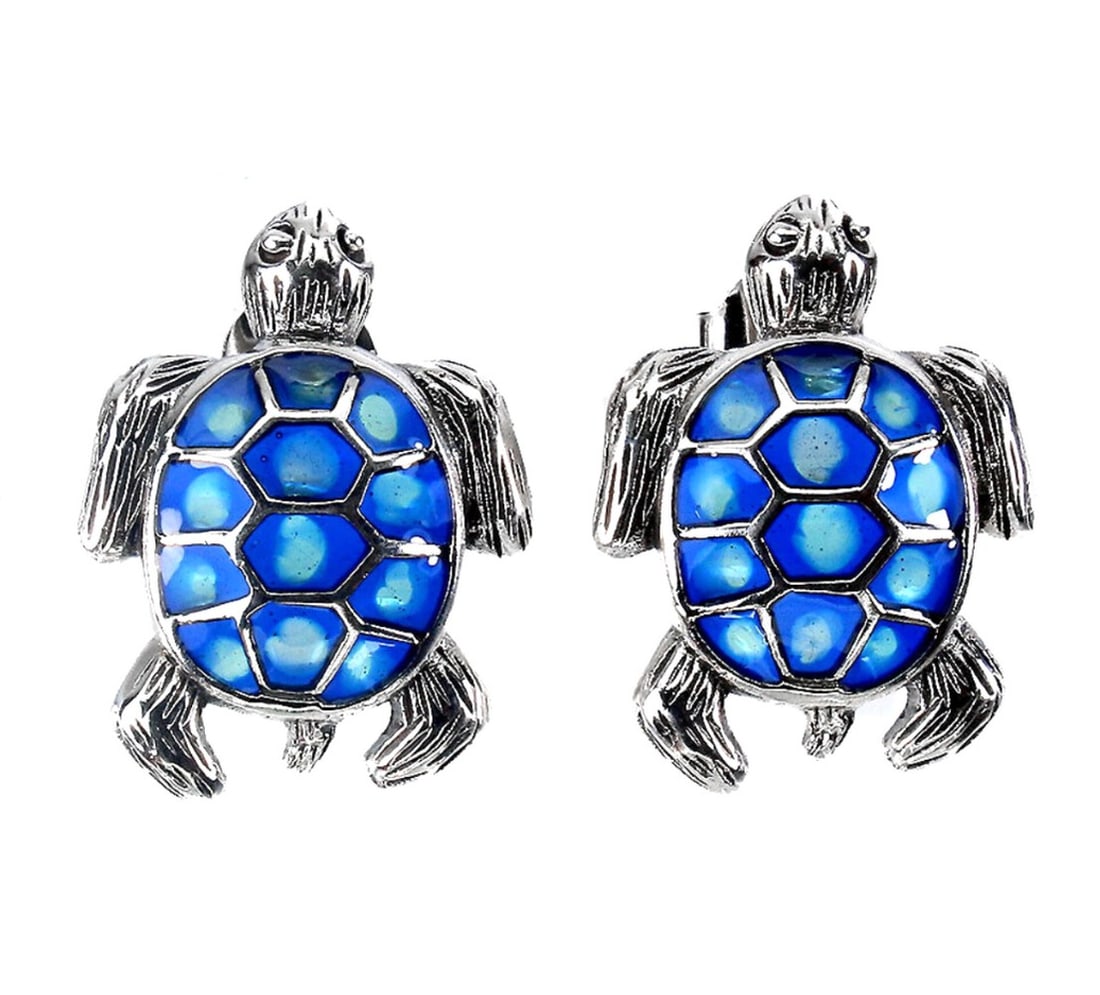 Blue Turtle Shell Sterling Silver Stud Earrings: Blue Turtle Shell Sterling Silver Stud Earrings These earrings boast a timeless design featuring a delicate turtle shell motif in mesmerizing shades of blue, encapsulated within high-quality sterling