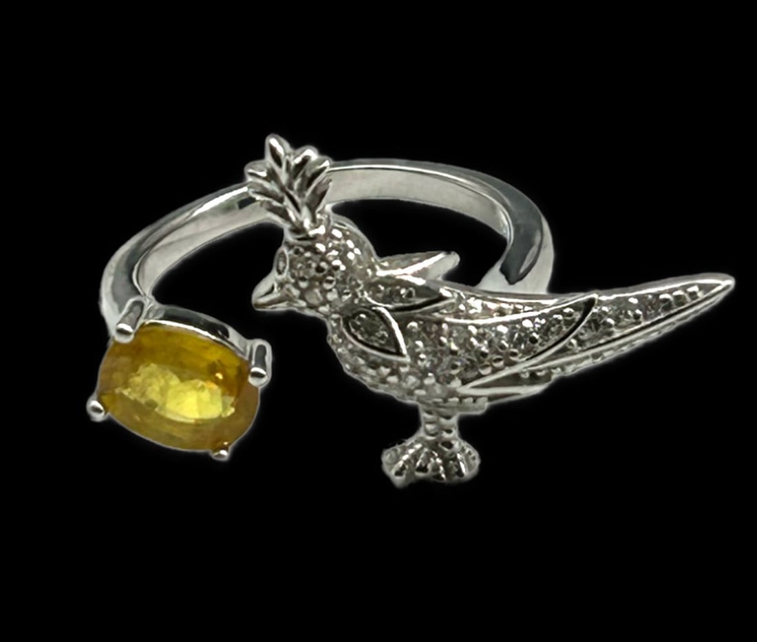 Bird & Oval Cut Yellow Sapphire Ring - Size 6: Bird & Oval Cut Yellow Sapphire Ring - Size 6 Metal: 925 Sterling Silver Ring Size: 6 Plate: 14k White Gold Main Stone: Sapphire View photos for further details.