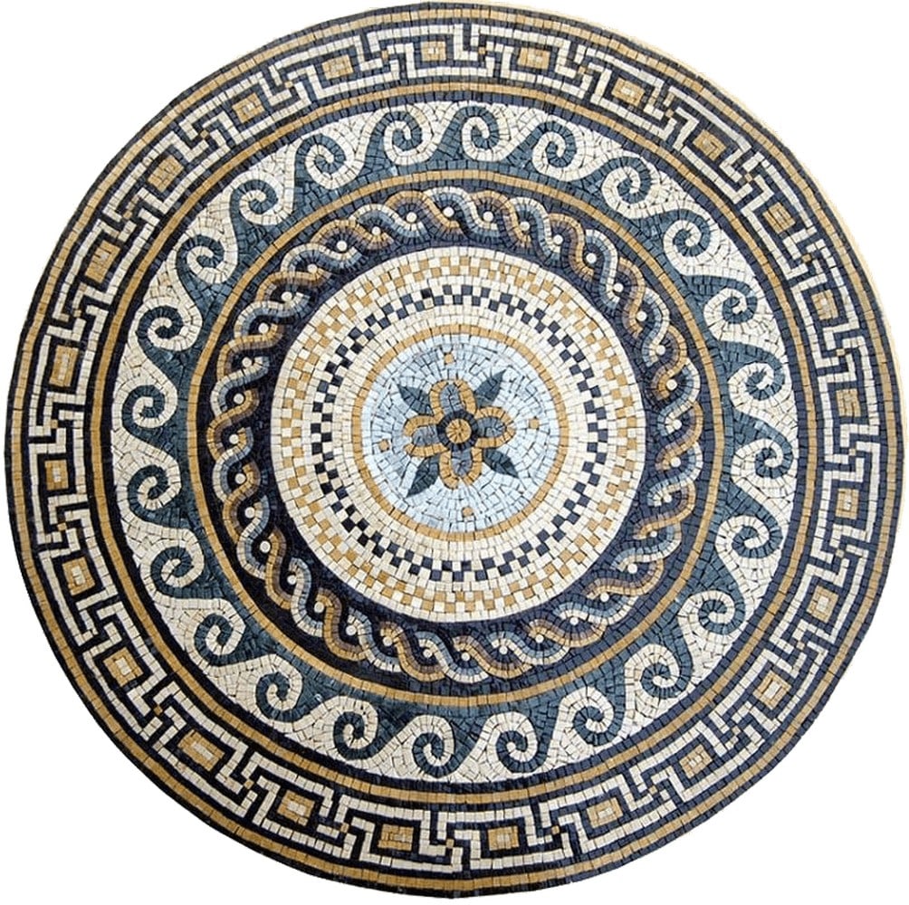 Greco-Roman Mosaic Medallion - Aelius II: Greco-Roman Mosaic Medallion - Aelius II A handcrafted square mosaic made from natural marble. This design features a central flower surrounded by geometric and nautical patterns, combining classical