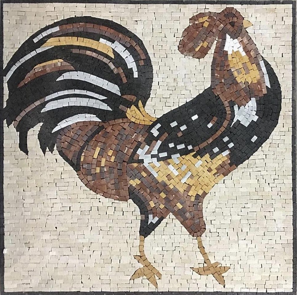 Vibrant Rooster Mosaic Medallion: Vibrant Rooster Mosaic Medallion A handcrafted square mosaic made from natural marble. This design features a lively rooster with intricate detailing and vibrant colors, combining natural elegance