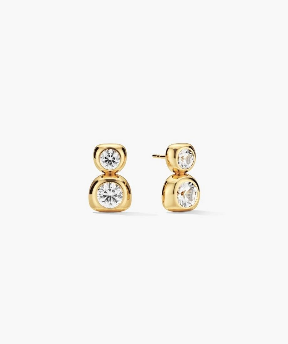 18k Gold Vermeil Lab-Grown Sapphire Drop Earrings: 18k Gold Vermeil Lab-Grown Sapphire Drop Earrings A pair of drop earrings featuring a double-stone design with lab-grown sapphires. Crafted with thick 18k gold plating on sterling silver, these earri
