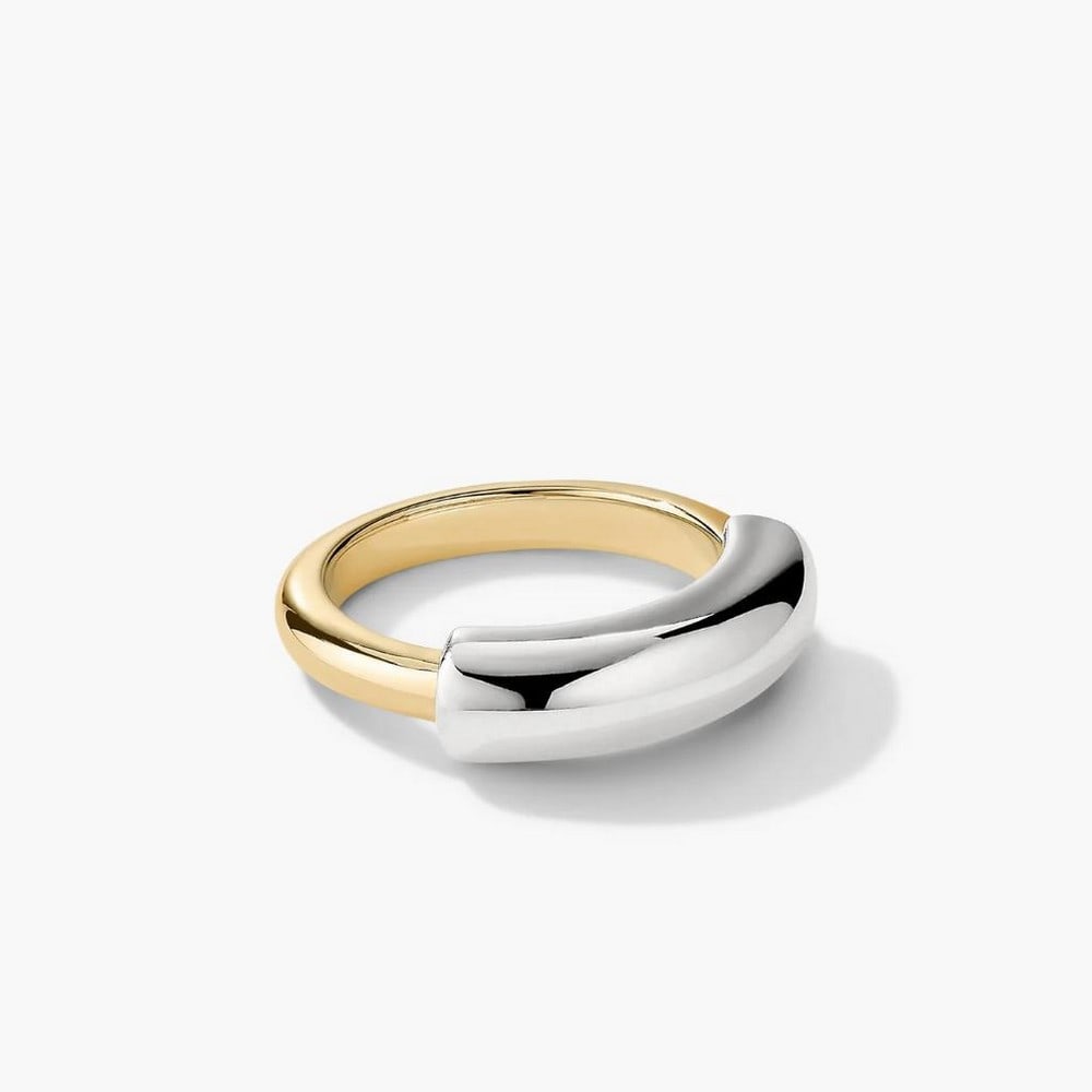 18k Gold Vermeil & Sterling Silver Dual Tube Ring: 18k Gold Vermeil & Sterling Silver Dual Tube Ring A study in duality, this ring features mixed metal tubes in two widths and tones for a bold, modern look. Handcrafted in 18k gold vermeil and ste