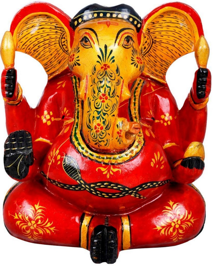 Wooden Lord Ganesha Idol – 5": Wooden Lord Ganesha Idol – 5" This 5" wooden statue depicts Lord Ganesha, the remover of obstacles and god of wisdom, prosperity, and good fortune. Seated with legs folded, Ganesha is shown