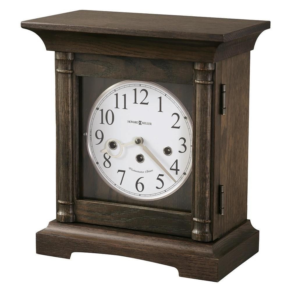 Antique-Inspired Burnished Oak Mantel Clock with Chimes: Antique-Inspired Burnished Oak Mantel Clock with Chimes This classically inspired mantel clock features a burnished oak finish on select hardwoods and veneers with fluted columns and a flat top cove m