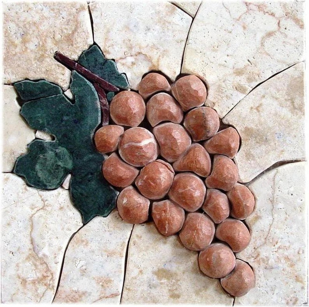 Crimson Grapes 3D Marble Mosaic Wall Art: Crimson Grapes 3D Marble Mosaic Wall Art A handcrafted square mosaic made from natural marble stones. This design features a 3D depiction of grapes, symbolizing abundance and transformation, mounted