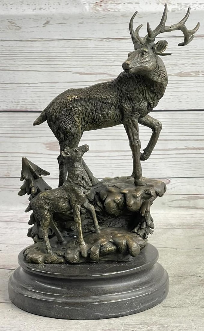 Male Stag & Baby Fawn Bronze Sculpture: Male Stag & Baby Fawn Bronze Sculpture The male deer comes down the forest`s edge offering a series of vocalizations for the mountains to echo across the sky and lands with his baby. He seems