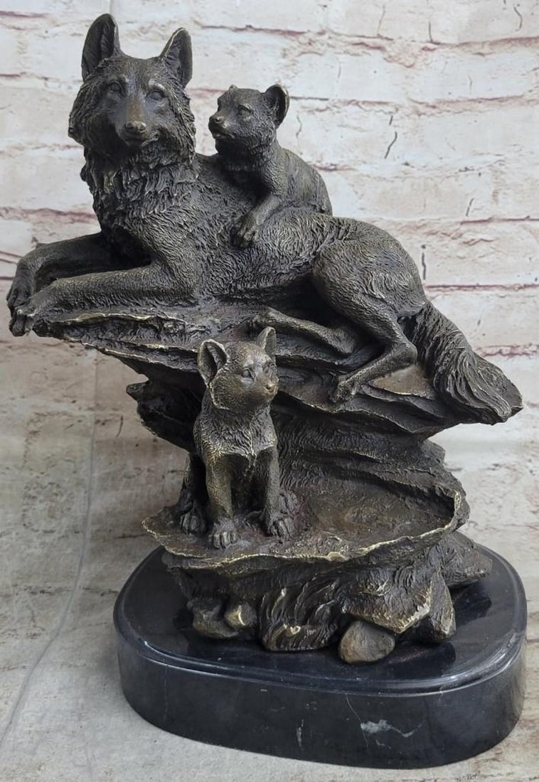 Barye Inspired Family Of Wolves Bronze Sculpture On Marble Base - 12.5" x 10": Barye Inspired Family Of Wolves Bronze Sculpture On Marble Base - 12.5" x 10" The wolf mother and cubs can be imagined to be seen, masked by the falling snowflakes, sitting among the rocks of