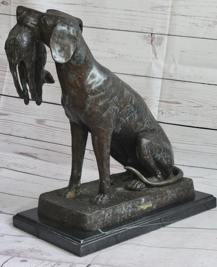 Hunting Dog Capturing Rabbit Inspired Bronze Statue - 16" x 16": Hunting Dog Capturing Rabbit Inspired Bronze Statue - 16" x 16" This bronze statue depicts a hunting dog capturing a rabbit, showcasing the natural hunting instincts of the breed. The detail
