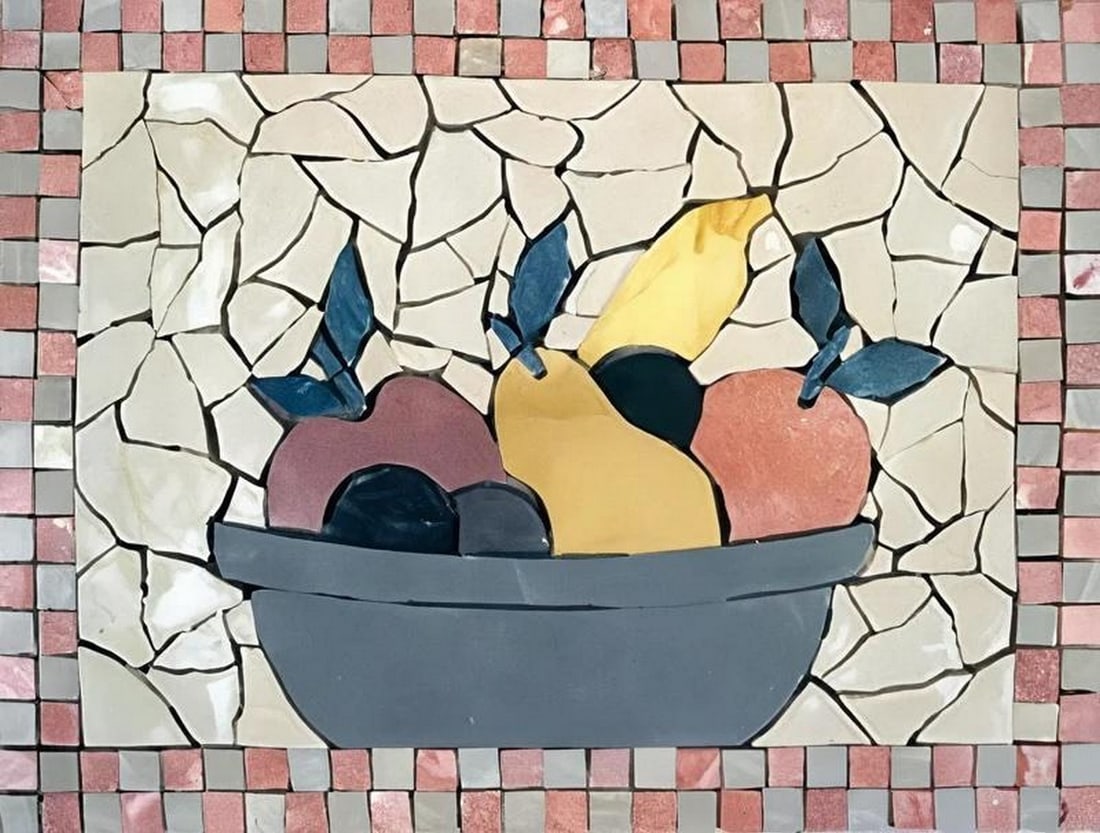 Winter Harvest Mosaic Fruit Bowl: Winter Harvest Mosaic Fruit Bowl A handcrafted rectangular mosaic made from natural marble. This design features a vibrant arrangement of fruits—including pear, apple, banana, and orange—rendered