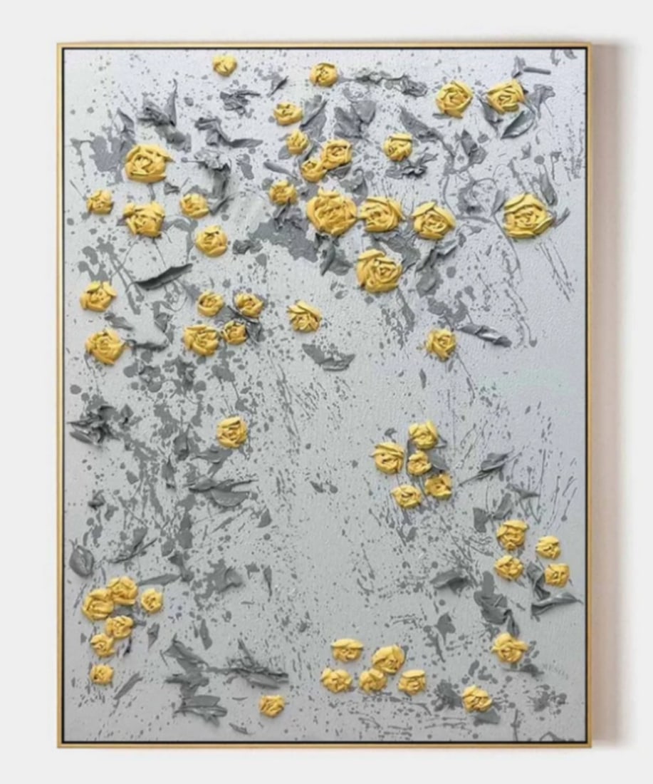 Golden Blossoms on a Misty Canvas Textured Painting: Golden Blossoms on a Misty Canvas Textured Painting This painting captures a striking contrast between warmth and coolness, featuring a cluster of radiant golden flowers emerging against a textured,