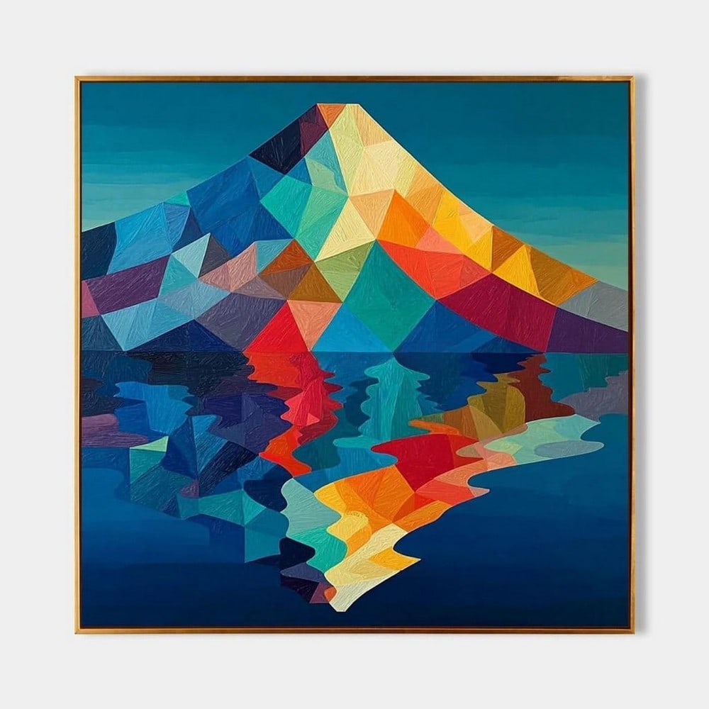 Geometric Abstract Mountain Reflection Canvas Painting: Geometric Abstract Mountain Reflection Canvas Painting This captivating canvas painting reimagines a mountain landscape through the lens of geometric abstraction and modern art styles. Vibrant triangl