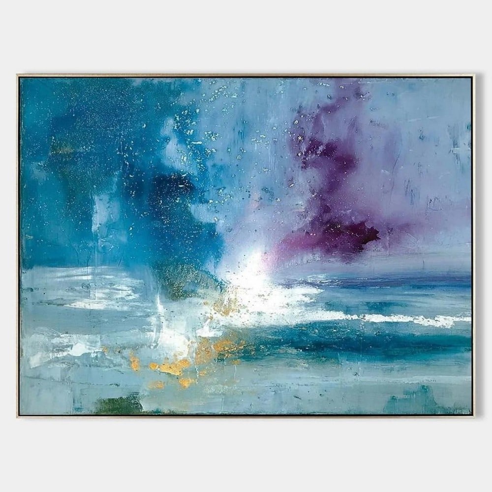 Abstract Lightburst Canvas Painting: Abstract Lightburst Canvas Painting This expressive canvas painting radiates energy and motion through a vibrant blend of deep blue, turquoise, white, and purple hues, accented with touches of gold.