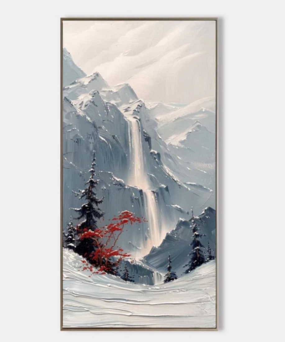 Crimson Amidst the Frost Textured Canvas Painting: Crimson Amidst the Frost Textured Canvas Painting This painting captures the breathtaking beauty of a winter landscape, featuring a grand waterfall cascading through a rugged, snow-covered mountain ra