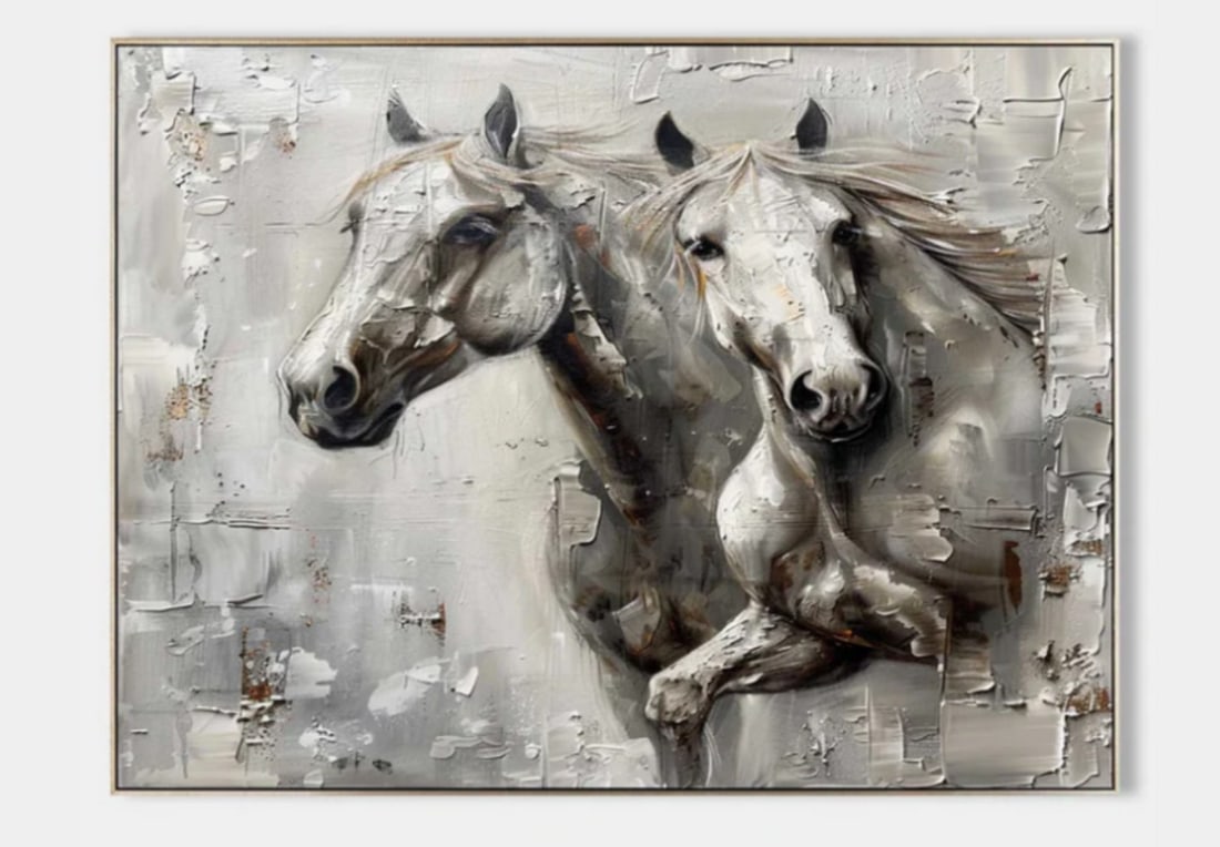 Stormborn Steeds Canvas Painting: Stormborn Steeds Canvas Painting This striking painting captures the raw energy and elegance of two horses in motion. Rendered in dynamic shades of gray and white, their powerful forms emerge against