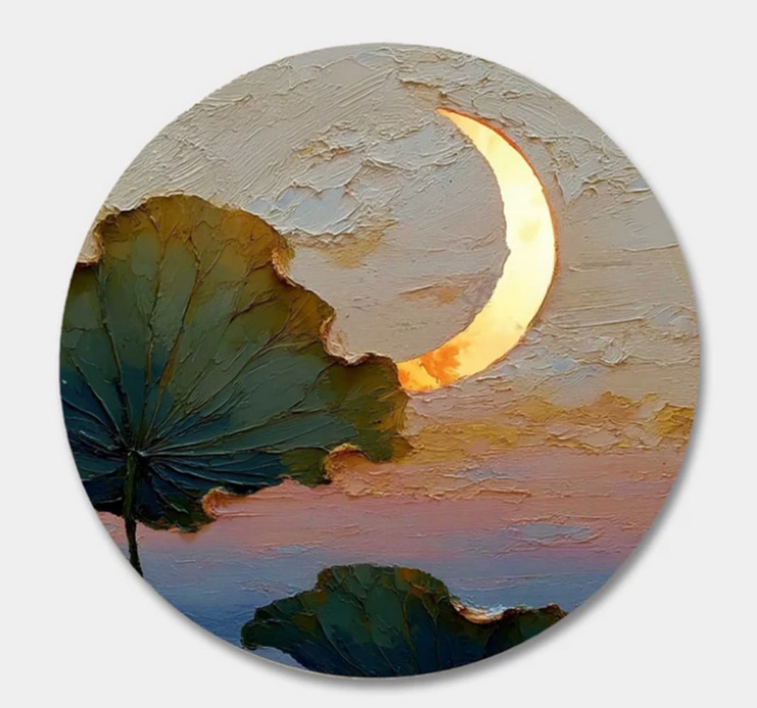 Textured Horizon of Summer Calm Round Canvas Painting: Textured Horizon of Summer Calm Round Canvas Painting This painting captures the soft hues and layered textures evoke the warmth and stillness of a summer afternoon in this calming canvas painting. W