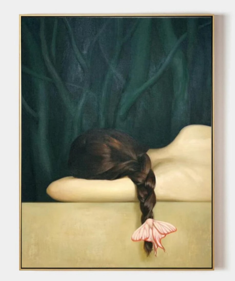 Whisper of the Forest Hyperrealism Canvas Art Painting: Whisper of the Forest Hyperrealism Canvas Art Painting This captivating painting blends hyperrealism with a surreal touch, depicting a serene yet enigmatic scene. A figure with long, dark hair lies