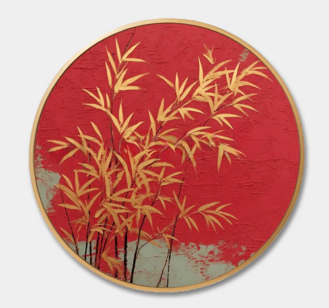 Golden Bamboo on Crimson Round Canvas Painting: Golden Bamboo on Crimson Round Canvas Painting This stunning circular artwork showcases a bold crimson background that sets the stage for delicate golden bamboo leaves. The contrast between the warm,