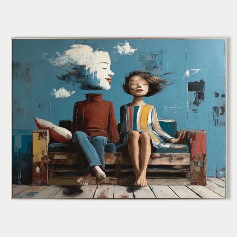 Moonlit Dialogues Canvas Painting: Moonlit Dialogues Canvas Painting In Moonlit Dialogues, imagination takes center stage. Two figures rest on a wooden bench—one crowned with a tranquil cloud, the other animated by wind-swept hair