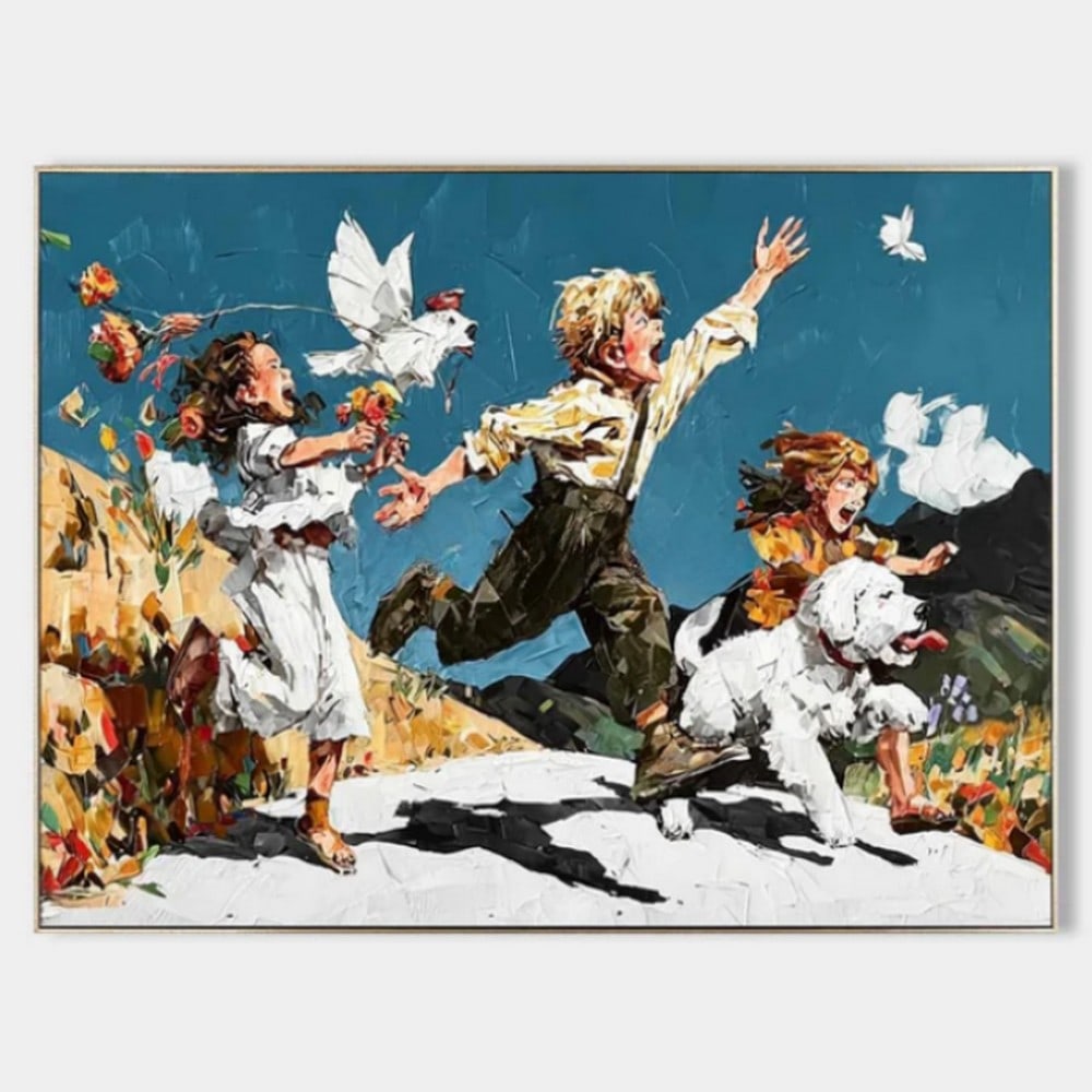 Chasing Joy Canvas Painting: Chasing Joy Canvas Painting A heartwarming moment of childhood exuberance unfolds in this radiant painting. Three children dash down a sunlit path, their laughter almost audible as they chase flutteri