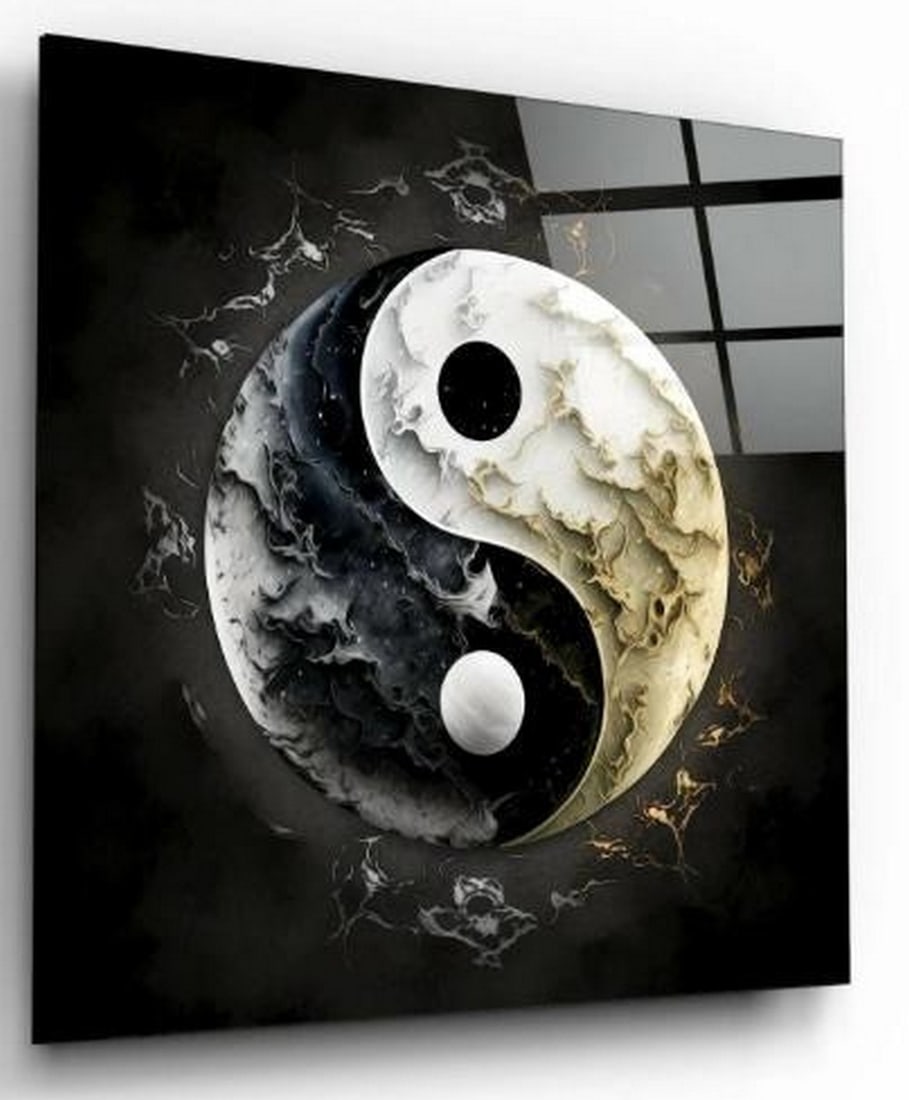 Yin & Yang Tempered Glass Wall Art: Yin & Yang Tempered Glass Wall Art This striking tempered glass wall art reimagines the classic yin and yang symbol with an abstract, wave-like design that appears to peel and flow across the sym