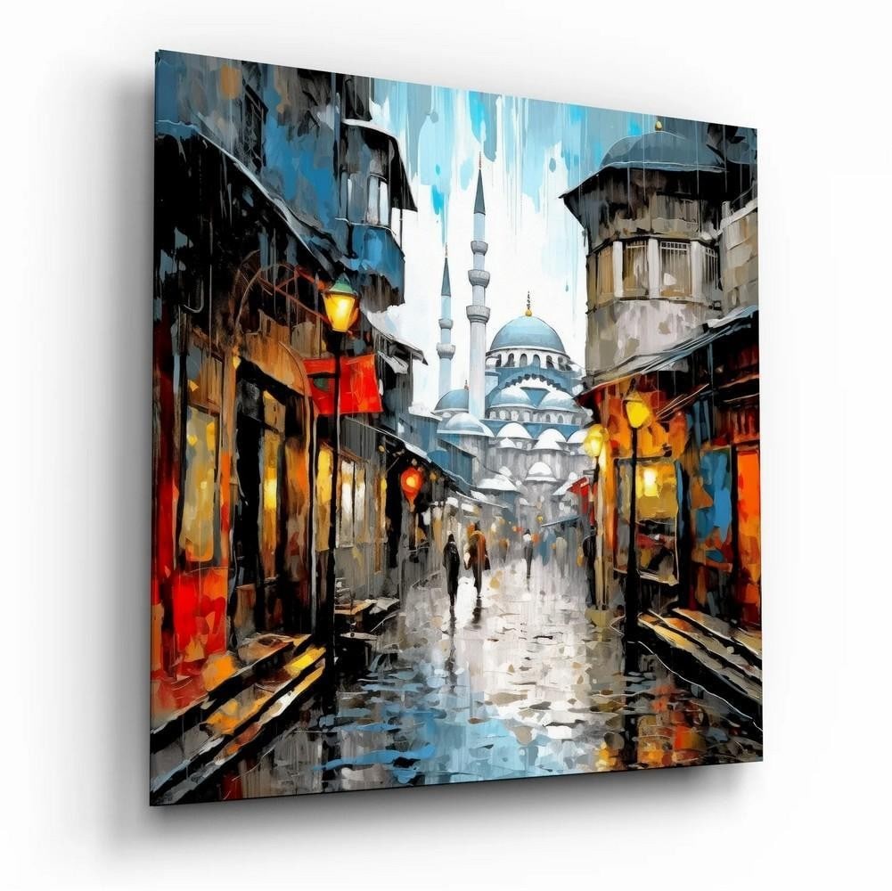 Istanbul Inspired Tempered Glass Wall Art: Istanbul Inspired Tempered Glass Wall Art This tempered glass wall art features a vibrant cityscape inspired by the architecture and waterways of Istanbul. The composition captures the layered texture