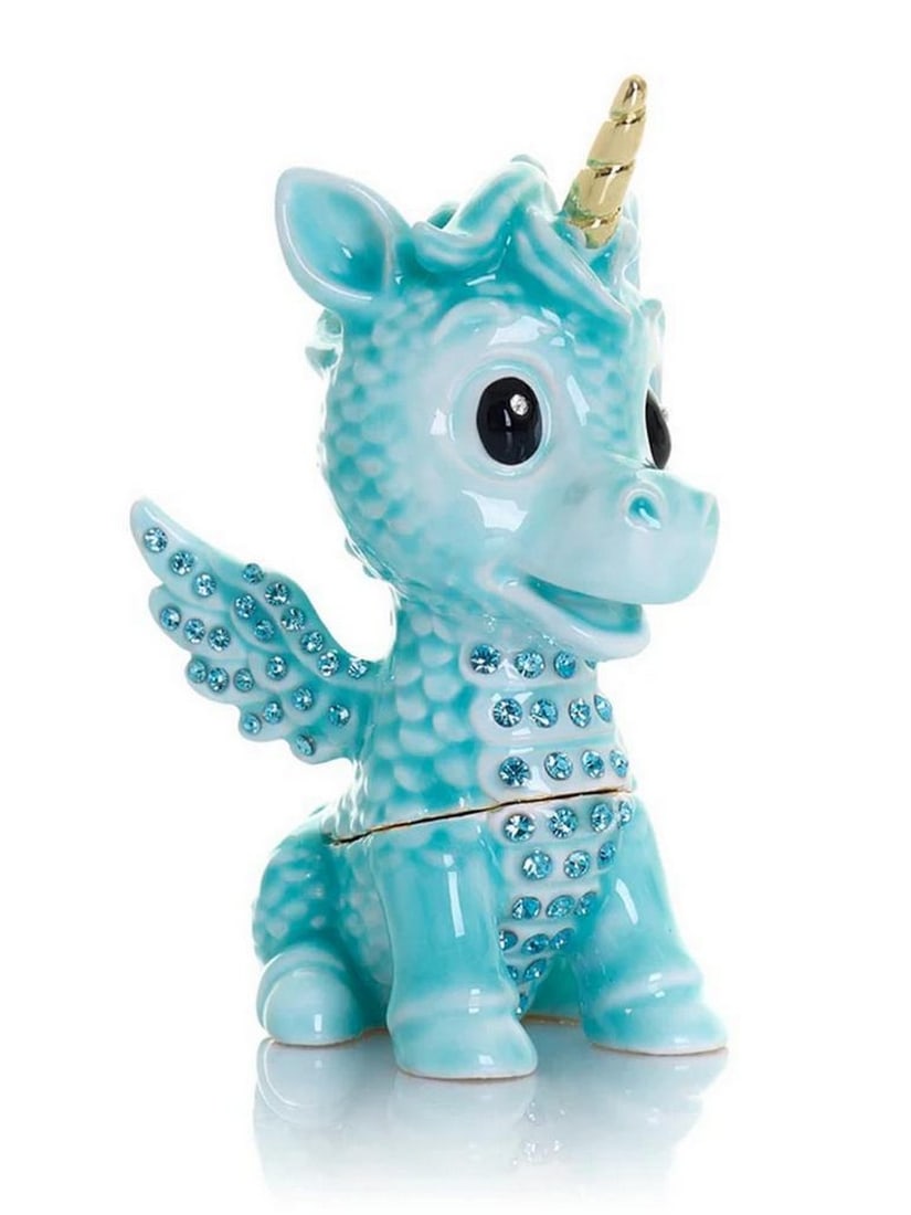 Magical Blue Unicorn Trinket Box: Magical Blue Unicorn Trinket Box This exquisite enamel-painted trinket box is a handcrafted masterpiece, adorned with handpicked Austrian crystals and finished with 24K gold plating. The piece is