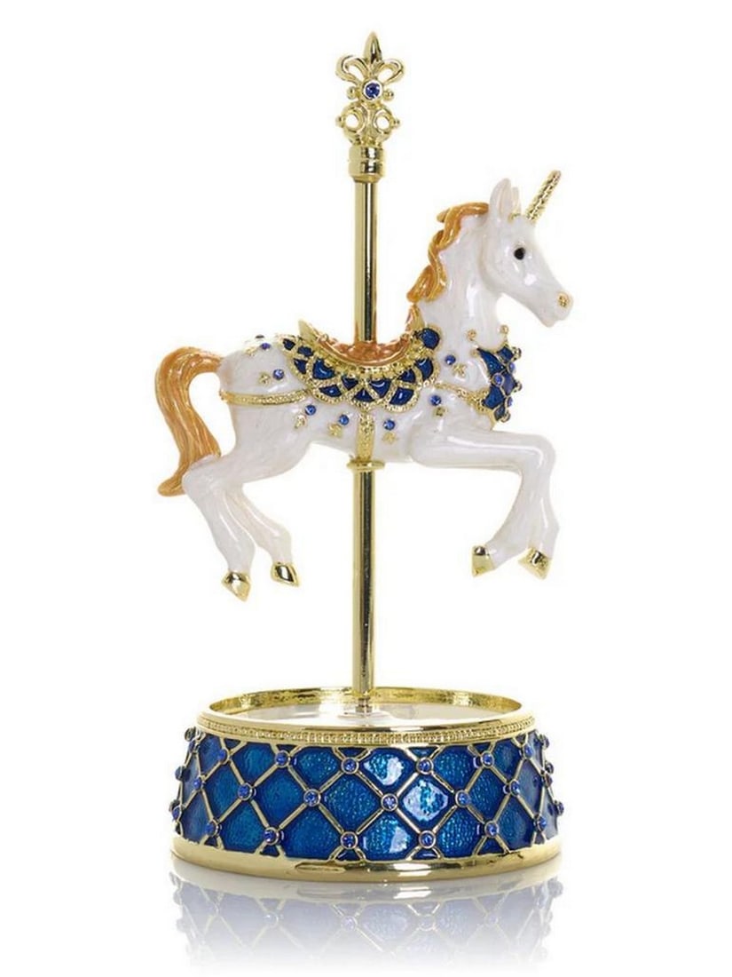 Whimsical Unicorn Carousel Music Box: Whimsical Unicorn Carousel Music Box This exquisite enamel-painted music box is a handcrafted masterpiece, adorned with handpicked Austrian crystals and finished with 24K gold plating. The piece is pa