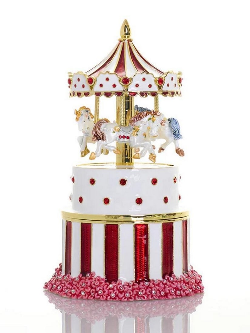 Red Carousel Horse Wind-Up Trinket Box: Red Carousel Horse Wind-Up Trinket Box This exquisite enamel-painted trinket box is a handcrafted masterpiece, adorned with handpicked Austrian crystals and finished with 24K gold plating. The piece