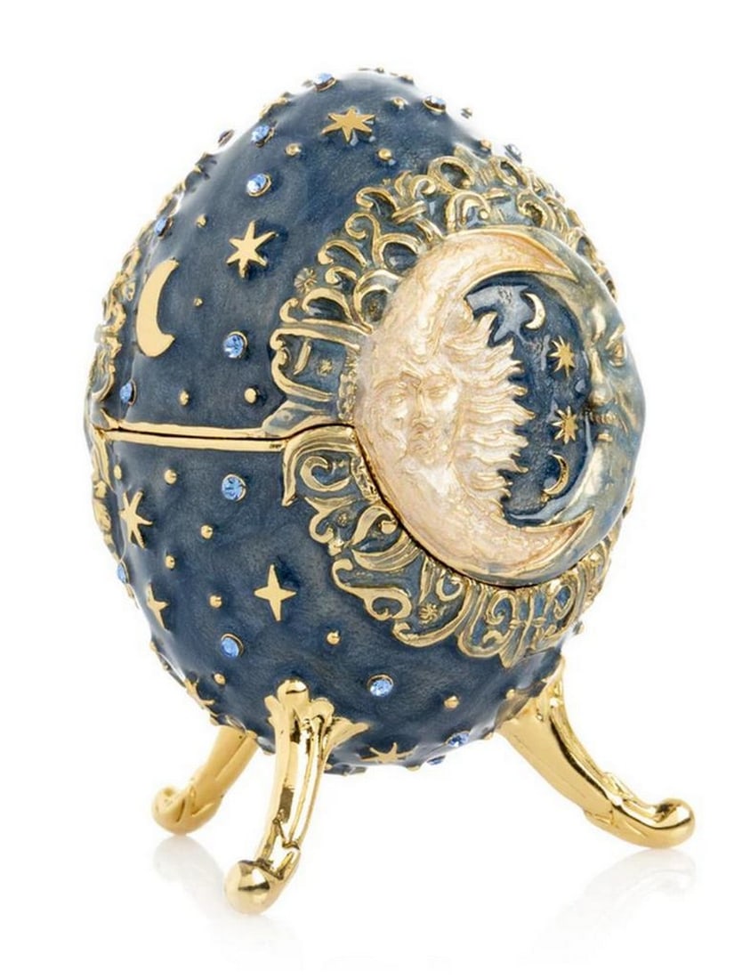 Mystic Sun and Moon Trinket Box: Mystic Sun and Moon Trinket Box This exquisite enamel-painted trinket box is a handcrafted piece adorned with handpicked Austrian crystals and finished with 24K gold plating. The piece is painted by h